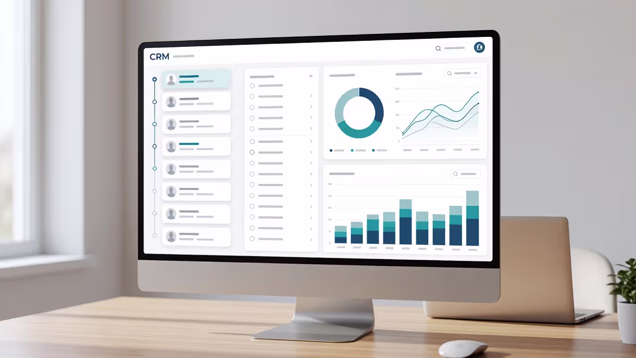 Интерфейс CRM системы с воронкой продаж и аналитикой