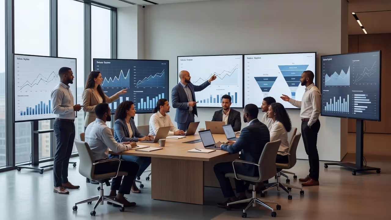 Команда продаж работает с CRM системой в офисе