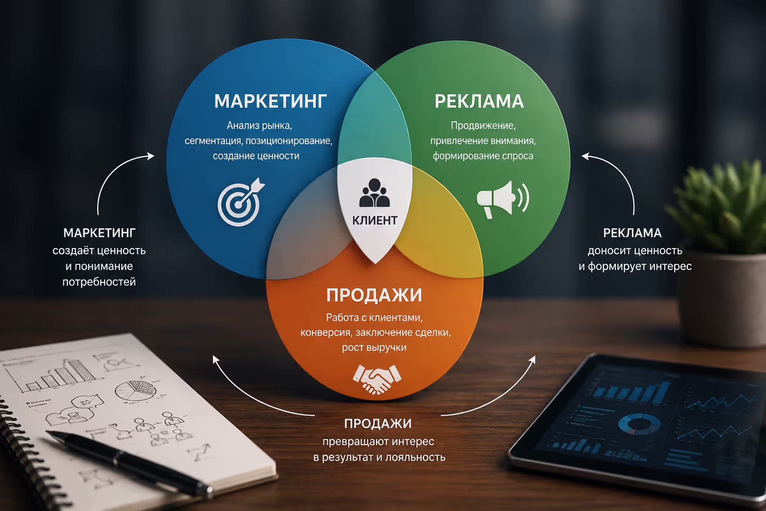 Соотношение маркетинга, рекламы и продаж