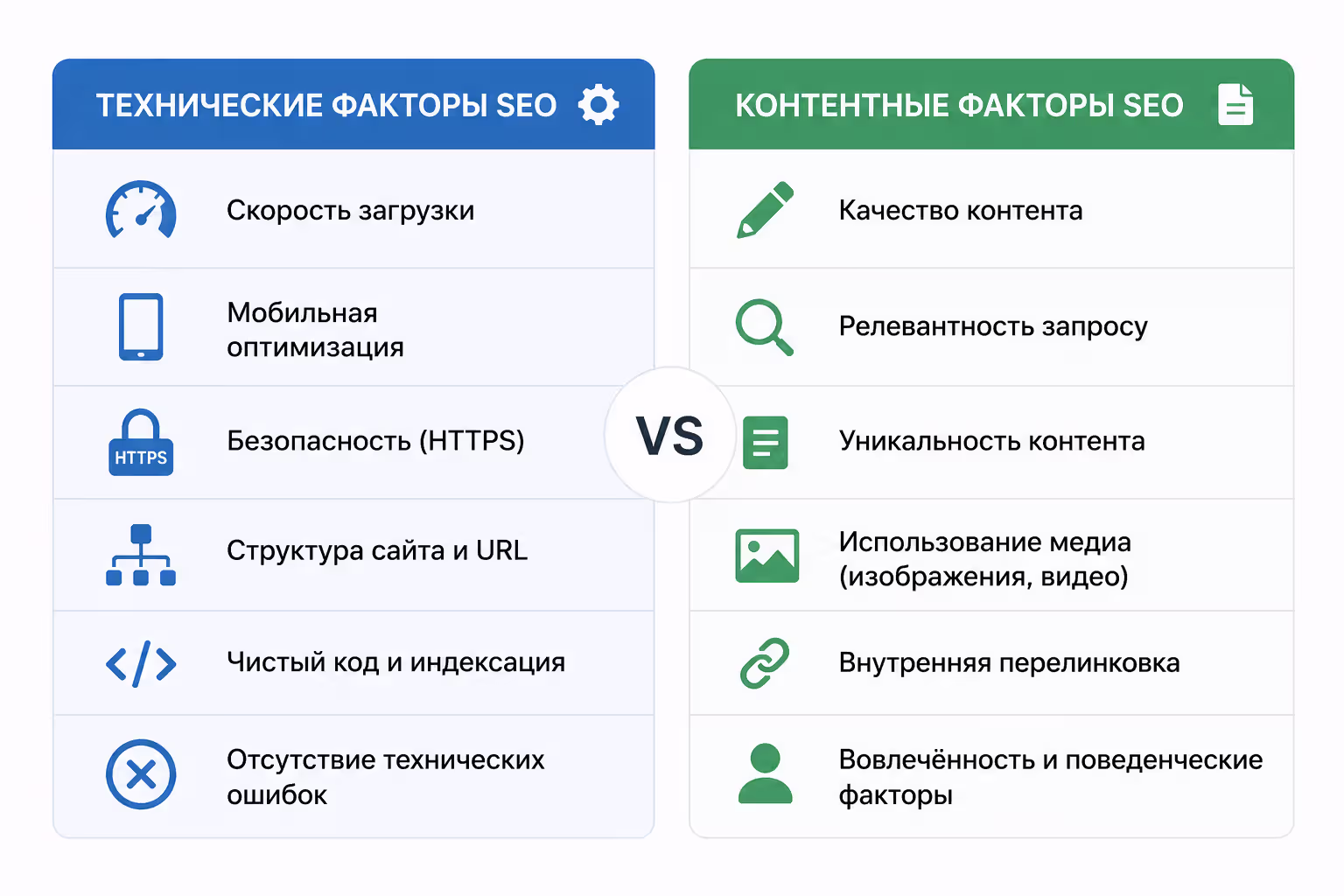 Сравнение технических и контентных факторов SEO